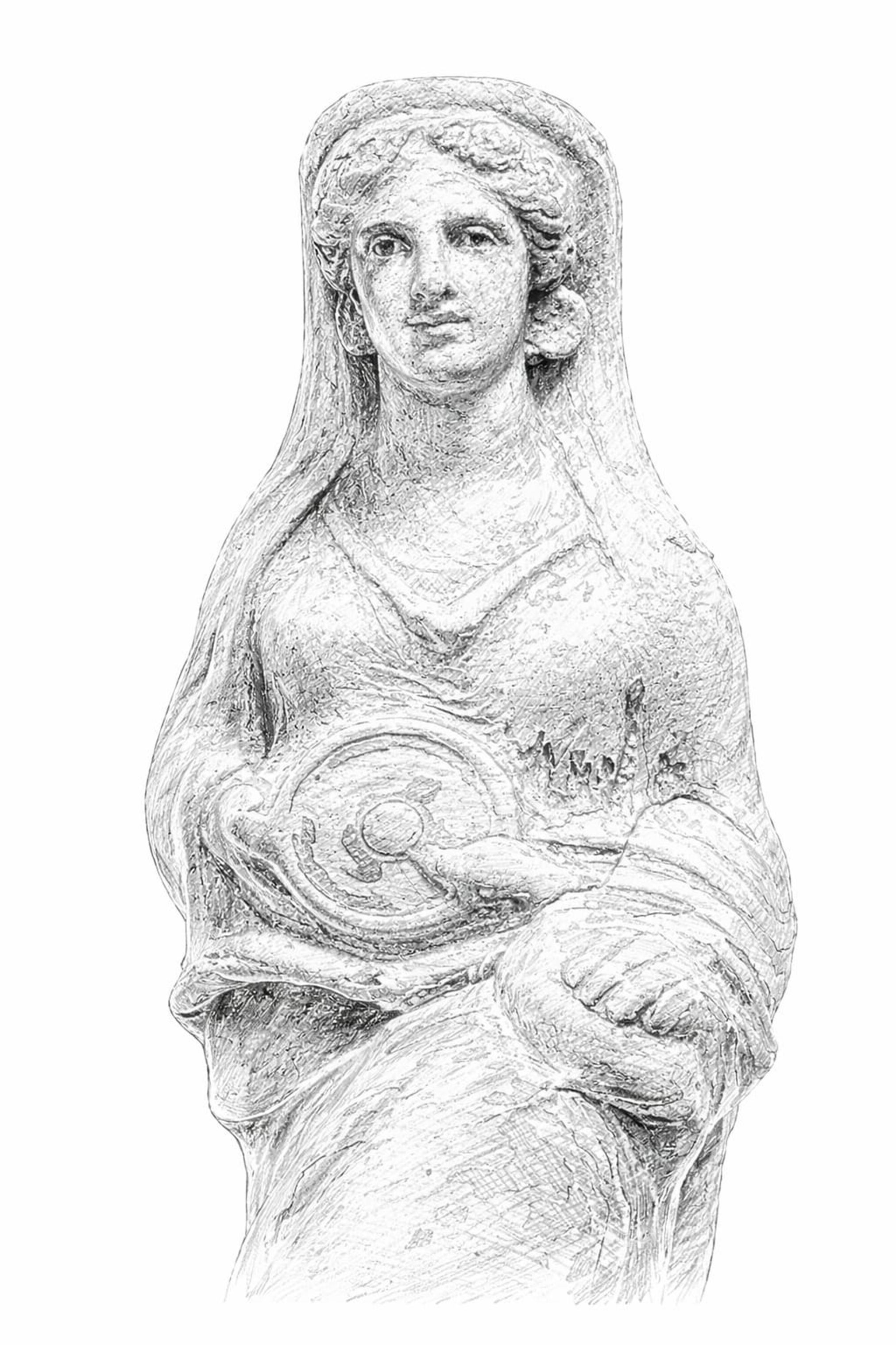 Disegno di statuina femminile in terracotta (generato con intelligenza artificiale da esemplare da Timmari).
